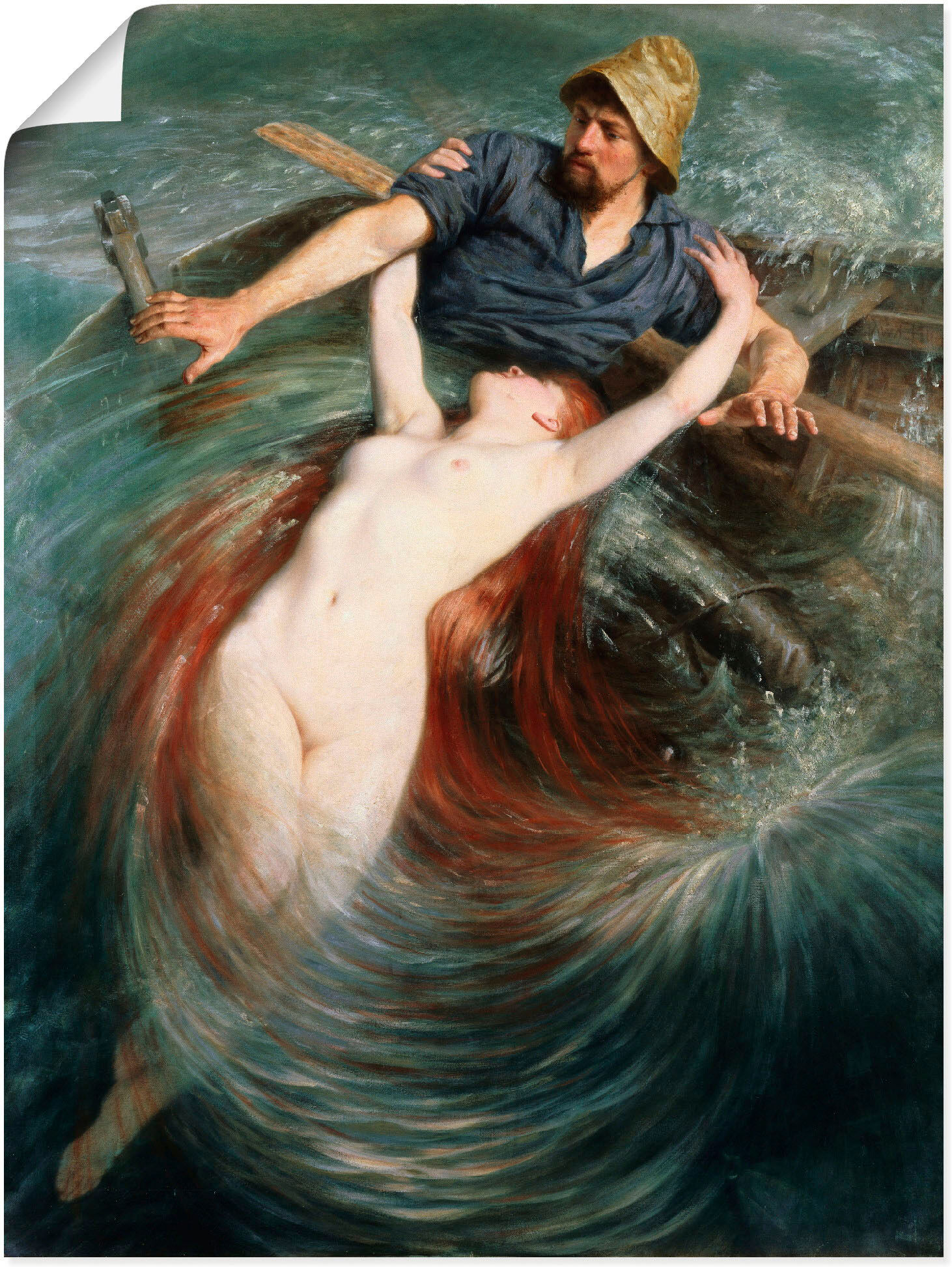 Poster ARTLAND "Ein Fischer in den Fängen einer Sirene.", blau (farbe bild(er): blau), B:30cm H:40cm, Bilder, Poster, ohne Rahmen farbe bild(er): blau B/H/T: 30cm x 40cm, Poster klassische Fantasie Hochformat, 1 Stk.