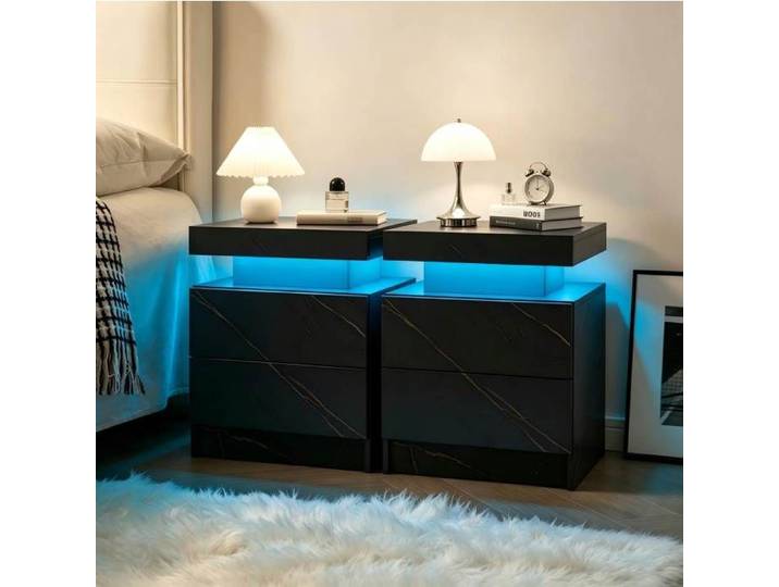 WOVREO Lot de 2 tables de chevet LED avec 2 tiroirs rangement noir et or panneaux de particules