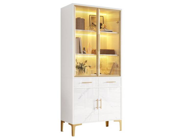 Vitrine Haute LED avec App Armoire à Manger en Verre Aspect Marbre Brillant Buffet de Salon 2 Tiroirs Pieds Dorés Blanc 75x38x170 cm
