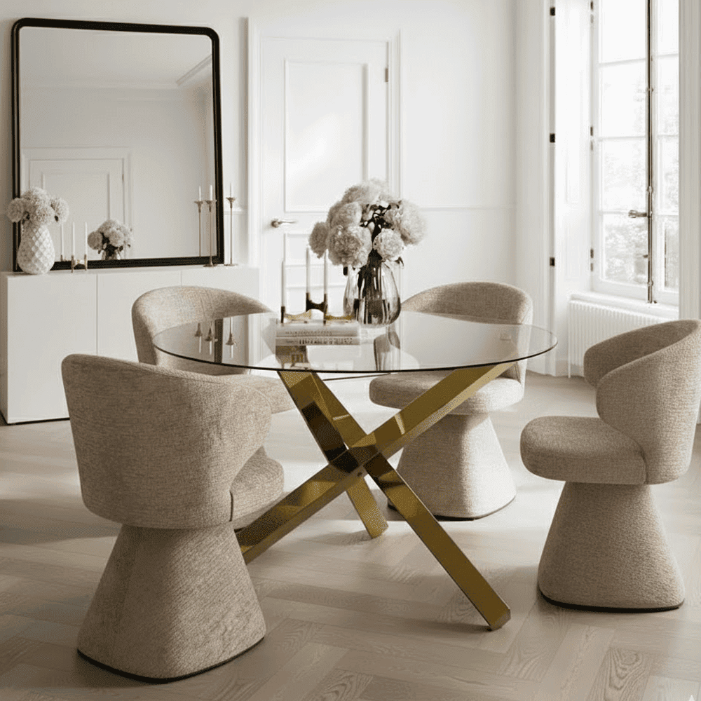 Kimberly Gold & Glass Cross Base Round Dining Table