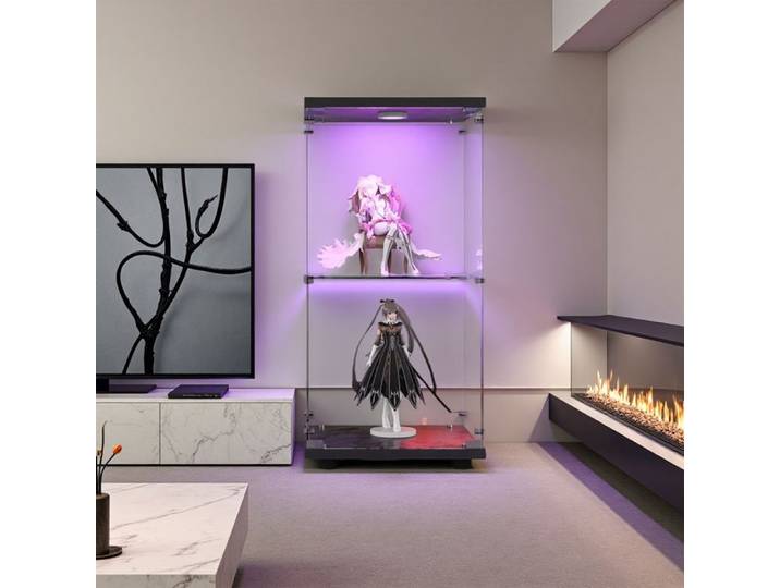 Vitrine en verre - Vitrine avec LED - 2 étagères - Verre trempé - Noir