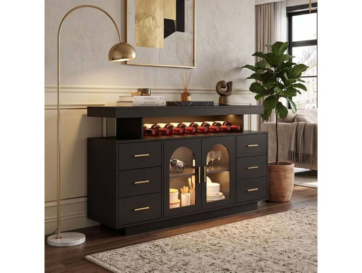 Buffet Enfilade 140x40x82cm Grand Rangement LED Design Soigné Moderne en MDF 6 Tiroirs et Porte-Bouteilles