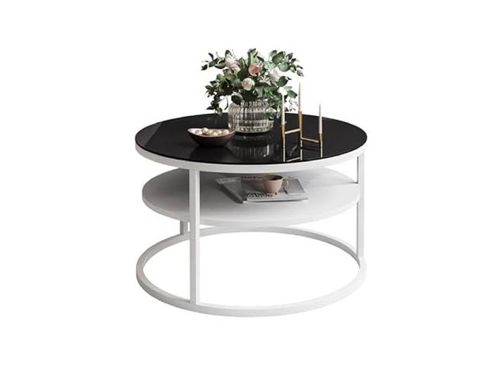 Lookway Couchtisch CIRI Slim – Minimalistischer Runder Glas-Tisch mit Ablage, Ø60 cm (Schwarzes Glass/Weiß)