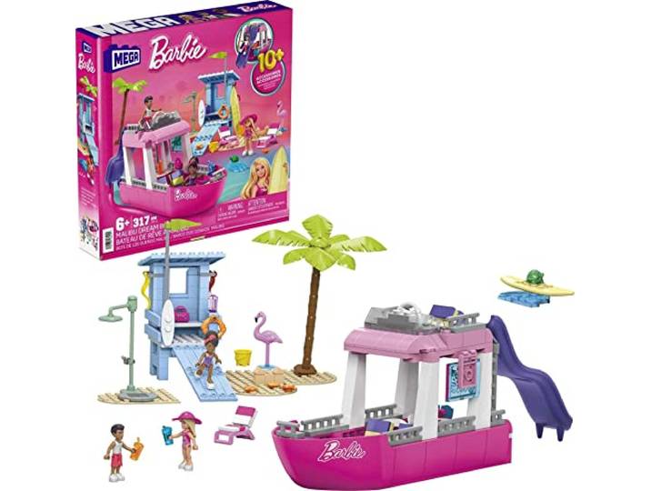 MEGA Barbie Bouw- en speelset, Malibu Droomboot met 317 onderdelen, 2 huisdieren, 3 micropoppen en accessoires, roze, cadeau-ideeën voor kinderen vanaf 6 jaar HPN79