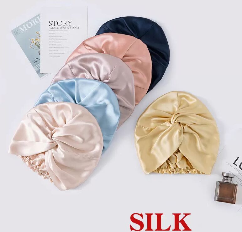 INF Bonnet de nuit 100 % soie pour femme, bonnet de nuit double couche en soie Abricot