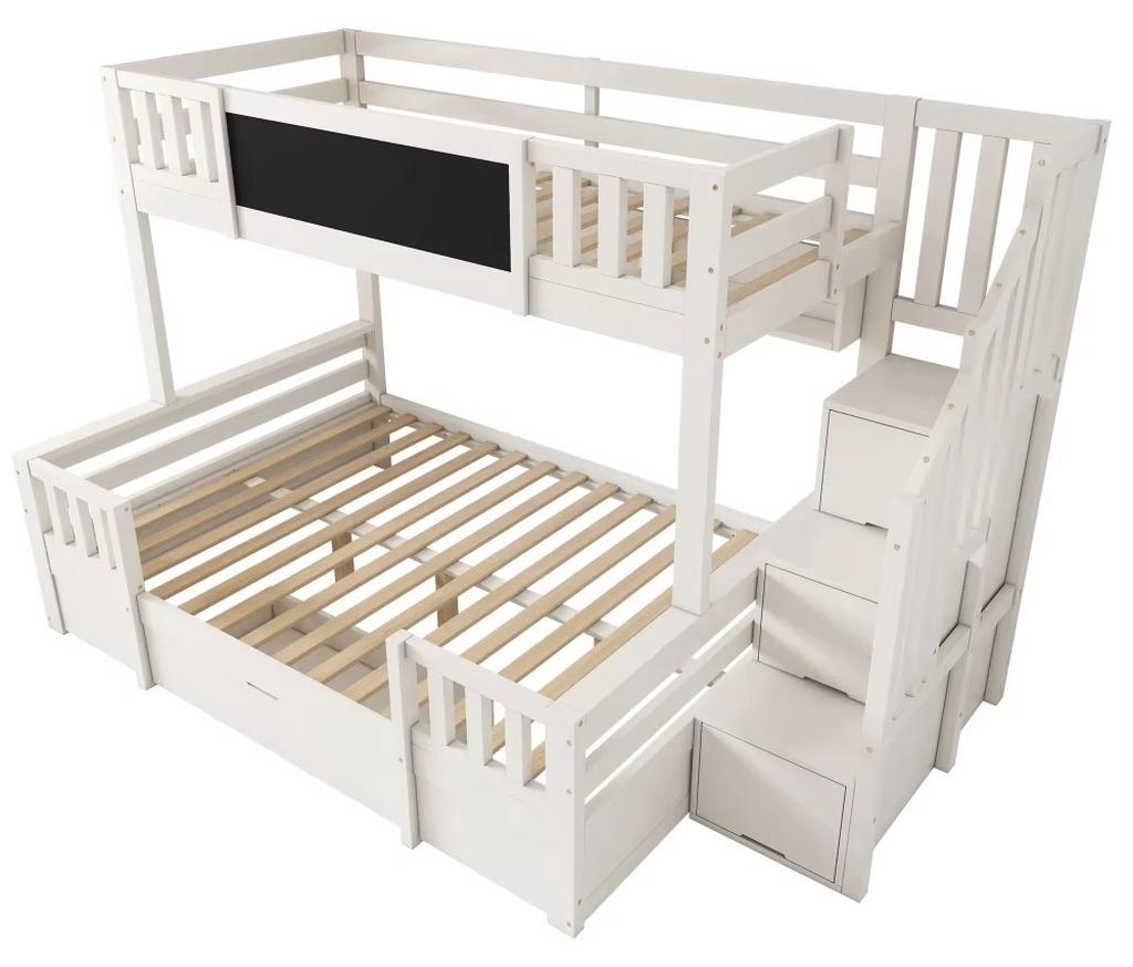 Kinderetagenbett - Dreibett-Kojenbett - 90x200/140x200 cm - Massivholz - Für 3 Kinder - Kreidetafel - Stauraumtreppe mit Schubladen - Weiß