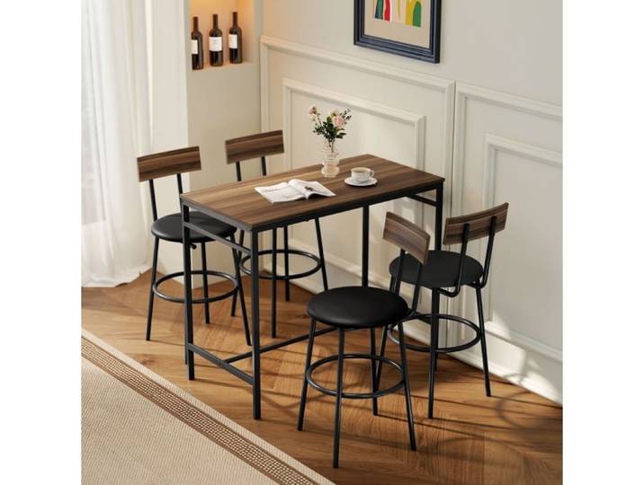 Ensemble table de bar 5 pièces industrielle 1 table haute et 4 tabourets effet bois marron et noir
