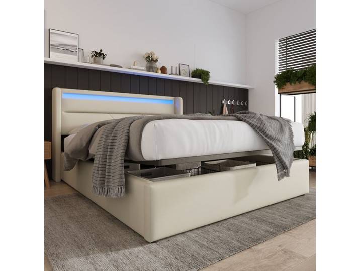 Lit Double Coffre Hydraulique Avec Bande Led Lit Rembourré 160X200cm Lit Fonctionnel Blanc Avec Télécommande