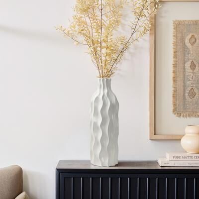 LuxenHome White Waves Ceramic 15.75-Inch Tall Round Vase