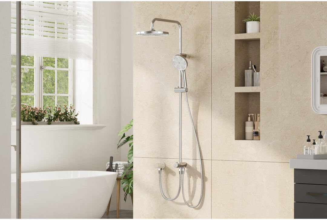 Marlow Home Co. Complete Shower Kit – 25 cm Rainfall Shower Head, Height-Adjustable Rail & 3-Mode Handheld, No-Drill Mounting, 1.5 m Hose, Chrome Shower Faucet Set fo Stainless Steel 25cm W