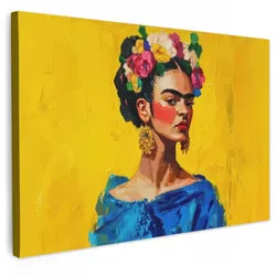 LEINWANDBILD Frida Kahlo - Frau - Gelb - Blau - Blumen Gemälde 60x40 cm