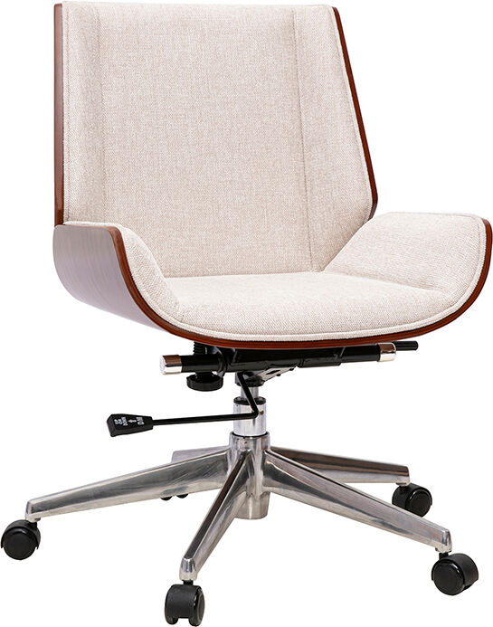 Miliboo Bürostuhl auf Rollen Design in strukturiertem Samt-Effekt Stoff beige, dunkles Holz und verchromter Stahl CURVED