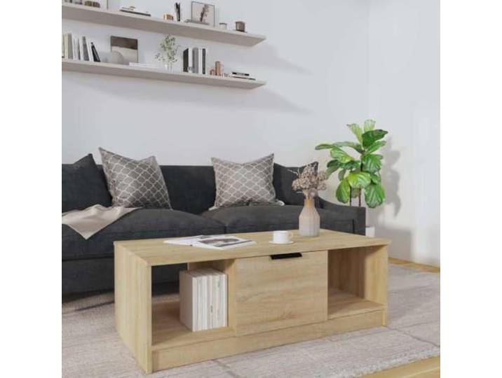 HEFZGDB Couchtisch Sonoma-Eiche 102x50x36 cm Holzwerkstoff mit DREI Fächern für Stauraum, Glatte Oberfläche, Stabiler Wohnzimmertisch für Dekoartikel und persönliche Sachen,