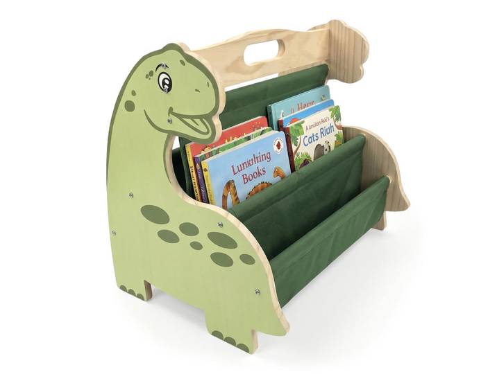 Relaxdays Kinderbücherregal Weiß Natur 4 Stofffächer Dino, Mehrfarbig, Holz, Textil, 44x34x31 cm, Baby- und Kindermöbel, Babyzimmer, Babyregal & Kinderregal