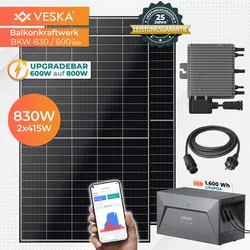 VESKA® Balkonkraftwerk 830W/600 mit Upgradefunktion auf 800W und 1,6 kWh Batteriespeicher