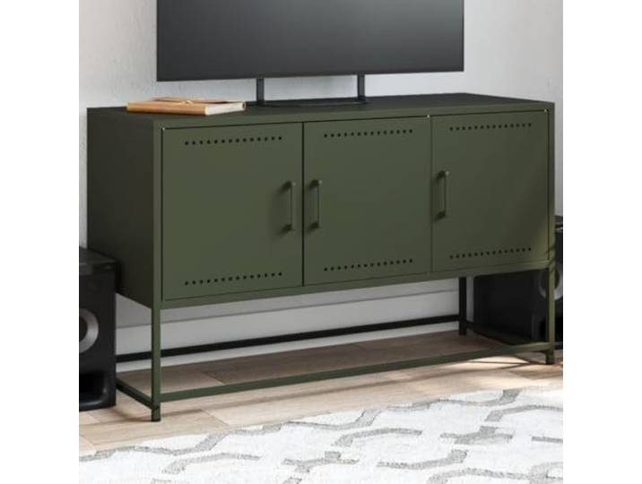 HEFZGDB TV-Schrank Olivgrün 100,5x39x60,5 cm Stahl Industrie-Stil mit 3 Fächern Stauraum Robustes stabiles Gestell für Wohnzimmer Schlafzimmer Aufbewahrung Multimedia