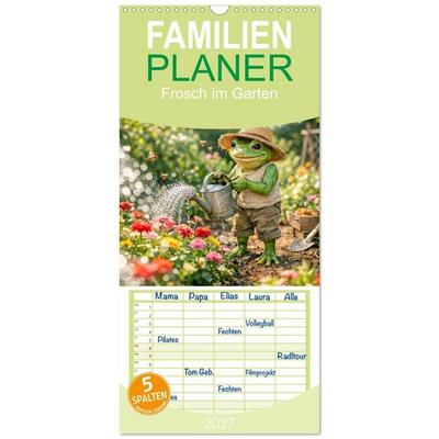 Familienplaner 2027 - Frosch im Garten mit 5 Spalten (Wandkalender, 21 x 45 cm) CALVENDO
