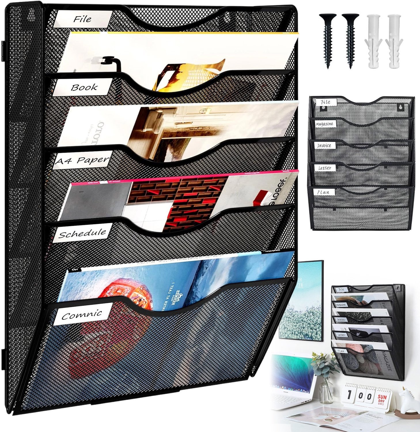 Tijdschriftenhouder Wand - Zwarte Metaal - 5 Vakken - A4 Documentenorganizer voor Kantoor en Studeerkamer