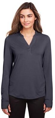 North End NE400W Women's JAQ Stretch Performance V-Neck Snap Pullover T-Shirt in Carbon size Small   Triblend
