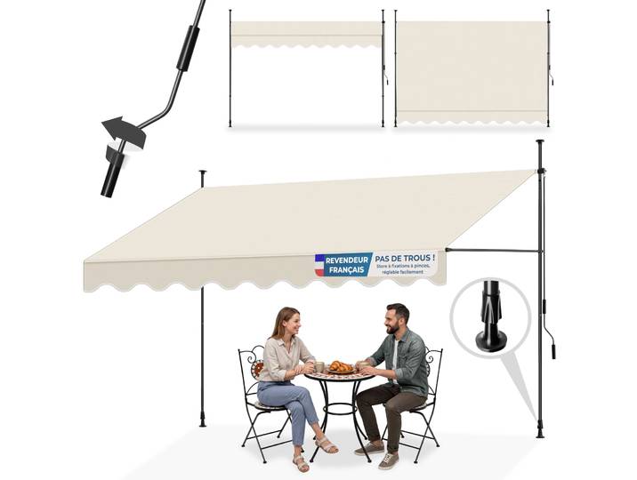 Store à pince sans perçage avec manivelle, réglable en hauteur - 350 x 180 cm, beige