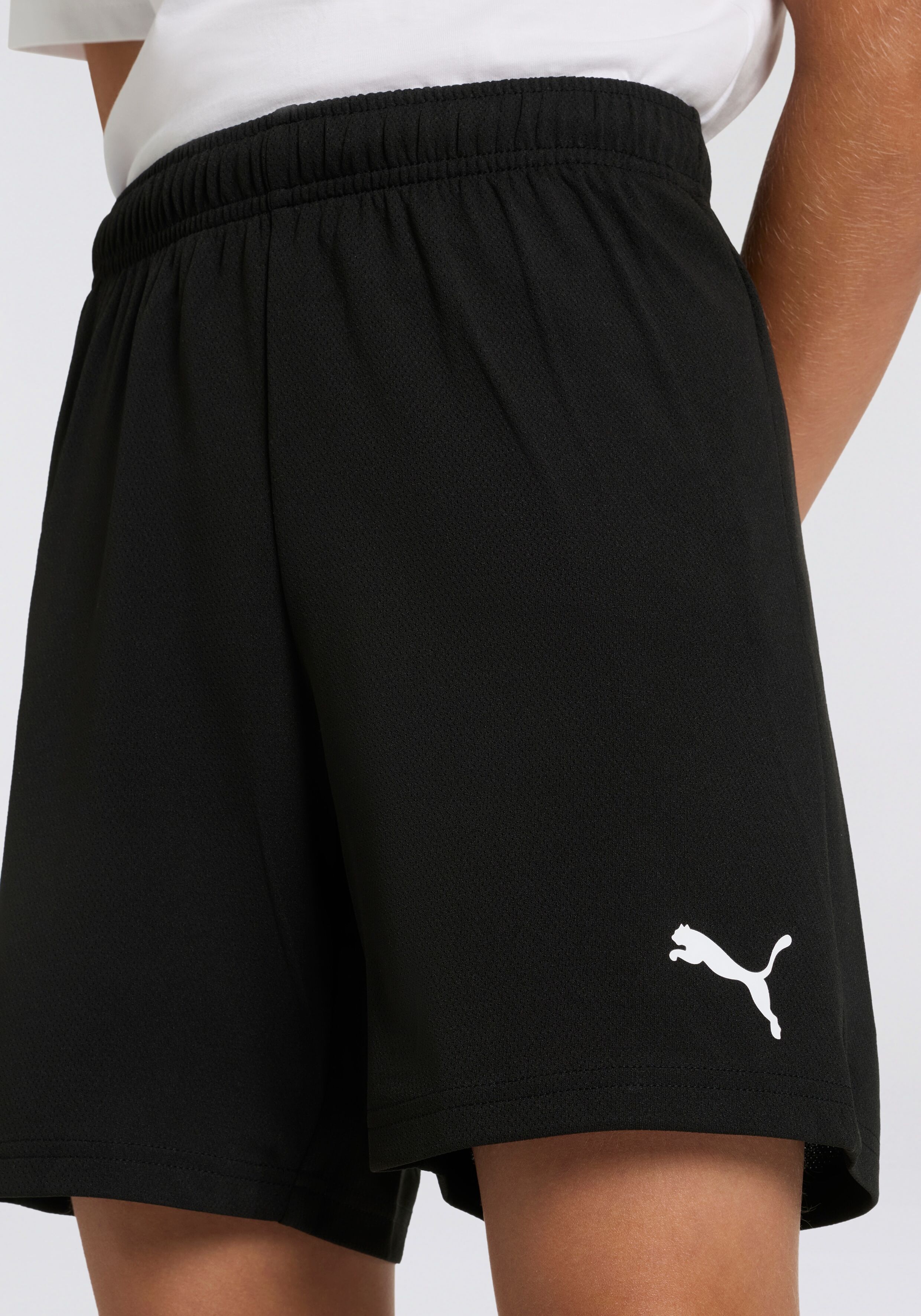 Trainingsshorts PUMA "TEAMRISE SHORT JR", Damen, Gr. 152, N-Gr, schwarz-weiss (puma schwarz, puma weiß), Netz, Obermaterial: 100% Polyester, unifarben, regular fit kniefrei, Hosen Trainingsshorts, aus Netzmaterial, mit DryCELL Technologie, kniefreier Schn