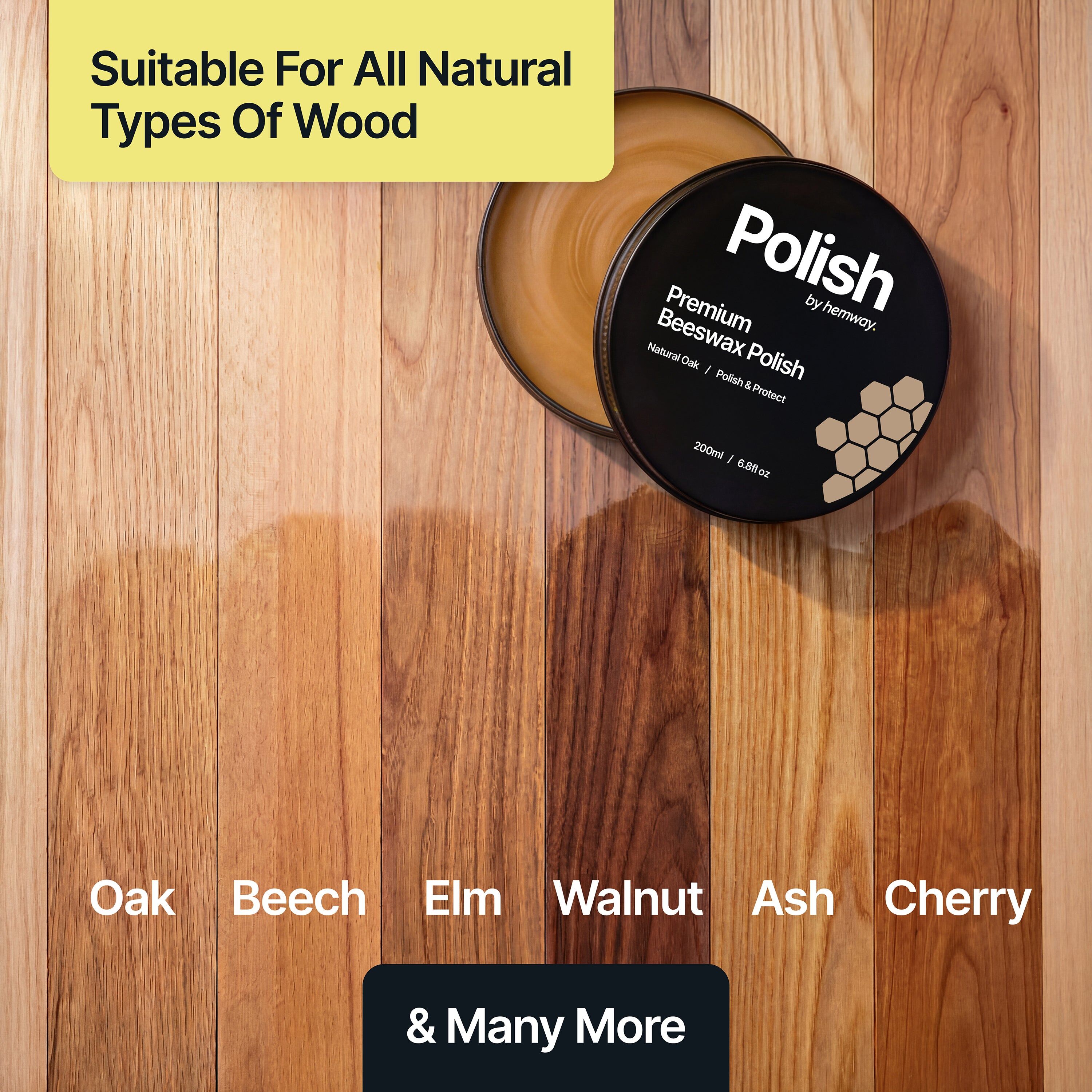 Hemway Premium Natural Oak Beeswax Furniture Wax Polish 200ml / 6.8fl oz   Polish and Protect   Includes 2 Lint Free Cloths - 200ml