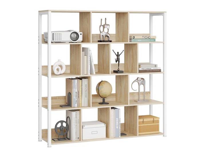 Bibliothèque scandinave 14 casiers 4 niveaux 120x30x120 cm acier et chêne clair - grand format range-revues mural pratique