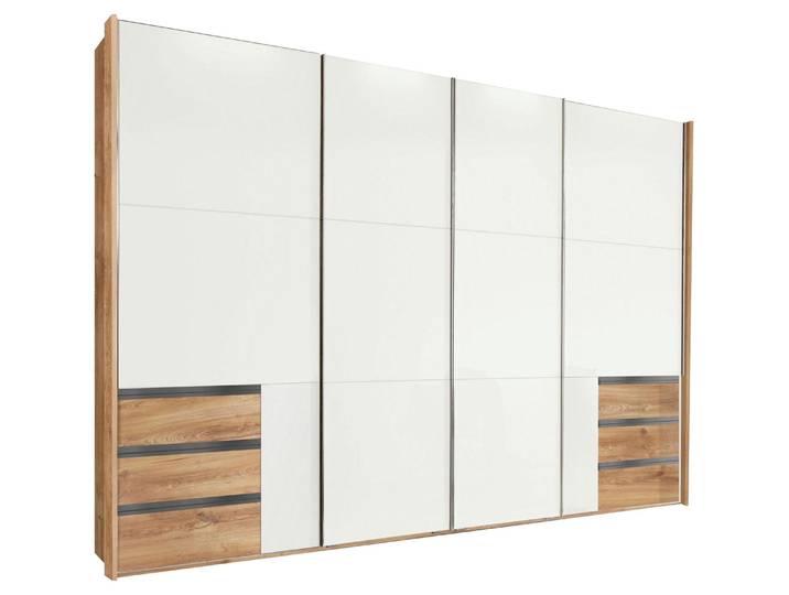 Schwebetürenschrank Level Kleiderschrank Synchronöffnung 300x65x216cm plankeneiche Weißglas