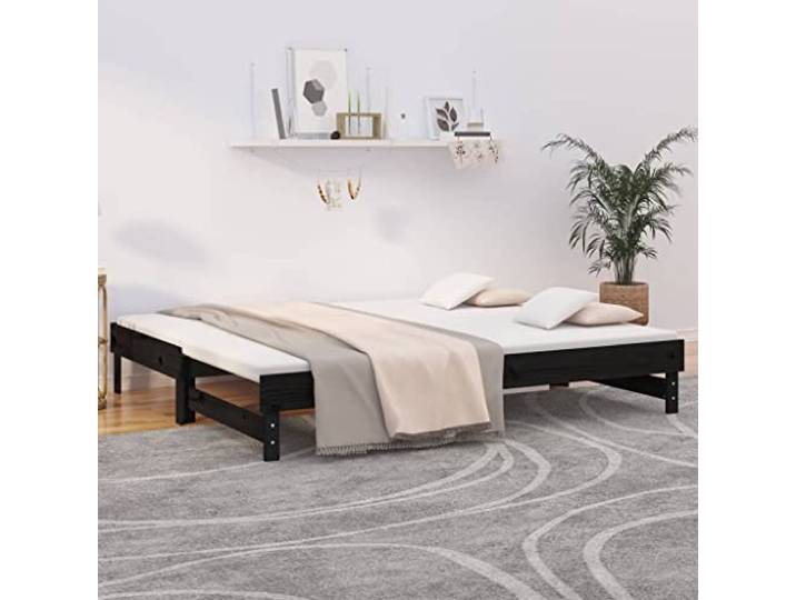 Massives Kiefernholz Ausziehbares Gästebett 2x (100 x 200) cm Schwarz Ausziehbares Tagesbett Schwarz Massivholz Kiefer 2x Einzelbett 100x200 Lattenrost Gästebett Schlafsofa