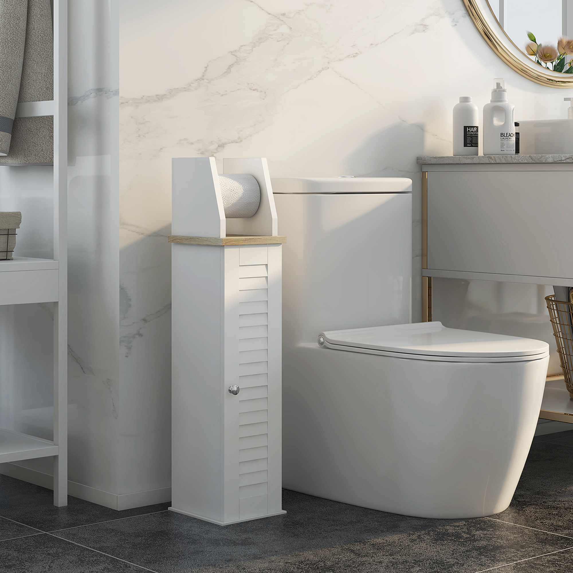 Kleankin Mobile Bagno Porta Carta Igienica Salvaspazio con Armadietto e Mensola Regolabile, 18x20x80 cm, Bianco   Aosom Italy