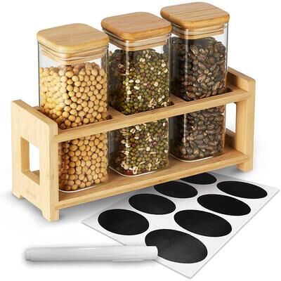 Berkware Glass Mini Storage Jars with Bamboo Lids and Display Stand - 14.3 oz