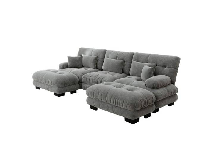 Canapé Modulable d'Angle Luxe U Gris Chenille Convertible Lit 313x145x81cm