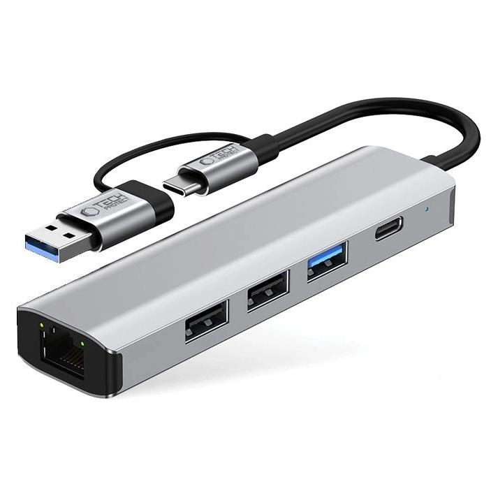 Tech-Protect HB03 HUB Adapter 5in1 USB-C + USB2.0 + USB3.0 + RJ45 - gray (USB-A, USB-C, 5 Ports) (27296-0)