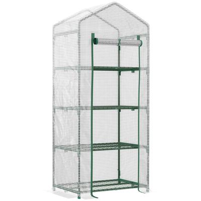 STILVORA Foliengewächshaus Tomatenhaus mit Pflanzregal 70x50x160 cm Weiß kompakt mit Rolltür UV beständige Folie Stahlgestell mit 4 Regalböden