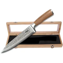 STONELINE Hammerschlag Damastmesser Kochmesser extrem scharfe 20 cm Klinge aus 67 Lagen, Damast Profi Kochmesser mit Hammerschlag & Nussbaumgriff