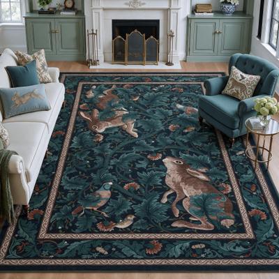 BLUEBELL Forest Botanical Rabbit Washable Area Rug, Vintage Woodland Animal Print Low Pile Carpet