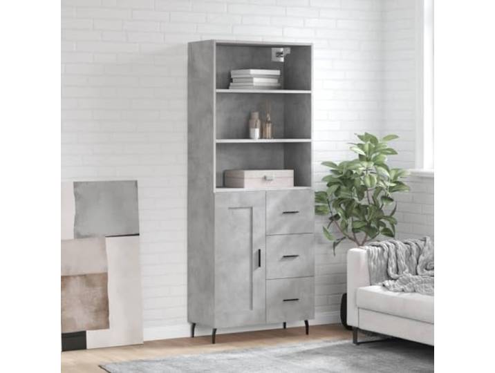 Elegantes Highboard mit Wandhalterung in Betongrau, Highboard aus Holzwerkstoff mit glatter Oberfläche, stilvolles mit Aufbewahrungsfächern und praktischer Tür, weißes fürs