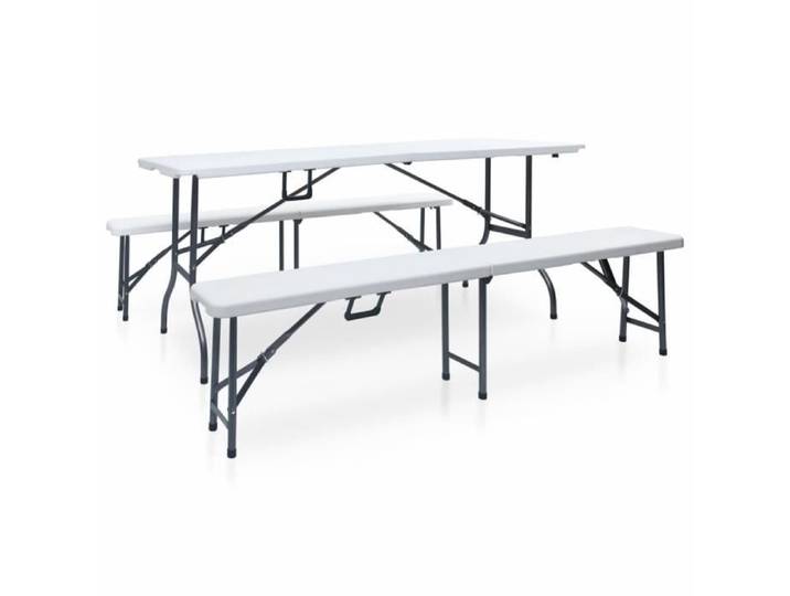 Table pliable de jardin avec 2 bancs 180 cm Acier et PEHD Blanc-REN