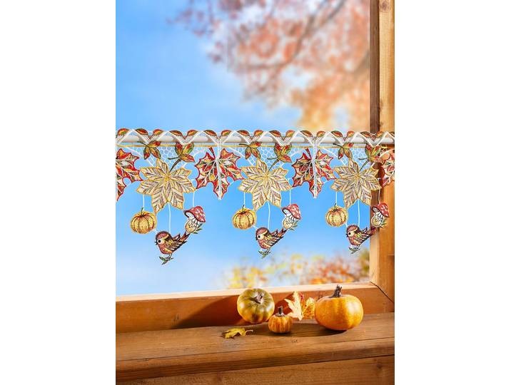 Stangendeko Herbstblätter aus echter Plauener Spitze, Bunt, Größe 654 (H21xB96 cm)