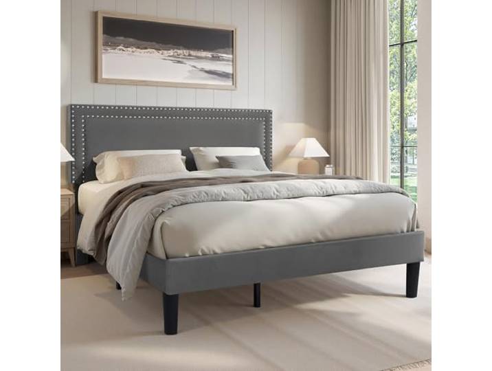 VECELO Polsterbett 140 x 200 cm Doppelbett Bettrahmen mit Höhenverstellbarem Kopfteil, Gepolstertes Bettgestell mit Lattenrost, Samtbezug, für Erwachsene & Jugendliche, Ohne Matratze, Grau