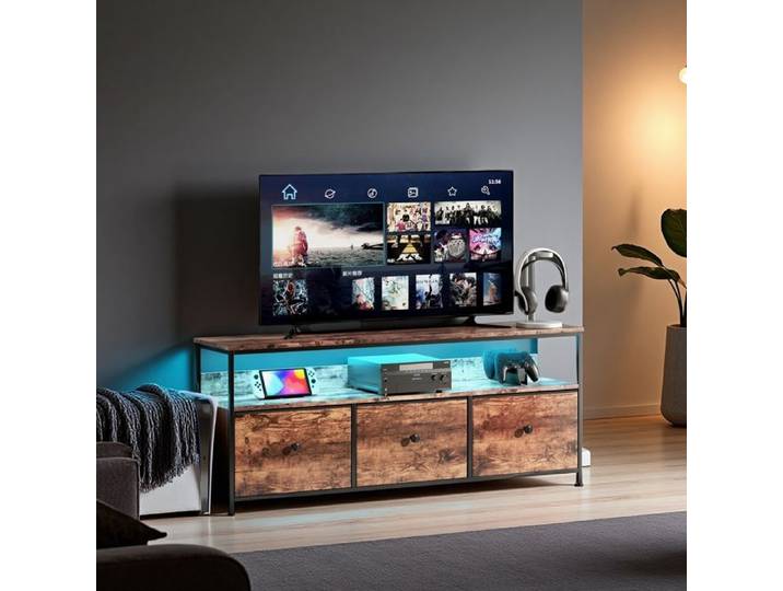 Meuble TV - Polyvalent 137cm - Tiroirs en tissu - Bois tigré - Style industriel