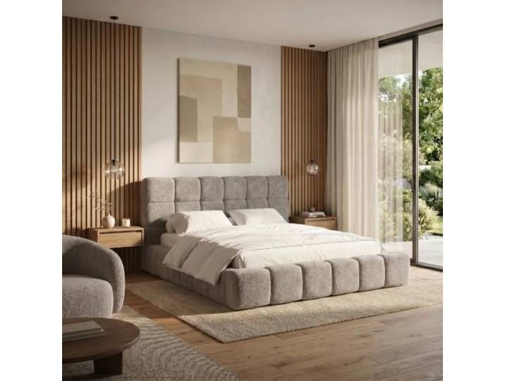 Muffo Amity Maxi Polsterbett Bettkasten 140x200 Creme Doppelbett, Gasdruckfedern, gepolstertes Kopfteil, Stauraum, Bouclé ABRIAMO, Schlafzimmer, Bettgestell