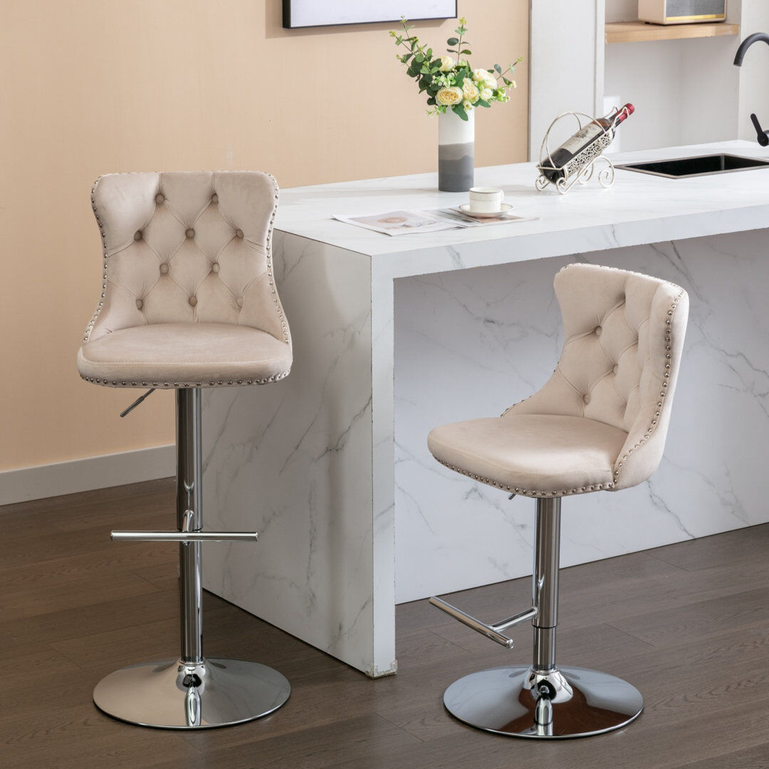 Mercer41 Rondel Swivel Upholstered Velvet Adjustable Height Bar Stool with Solid Wood Frame Beige