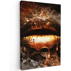 LEINWANDBILD Gold - Lippen - Kunst - Gold - Luxus - Abstrakt Deko Groß 90x140 cm