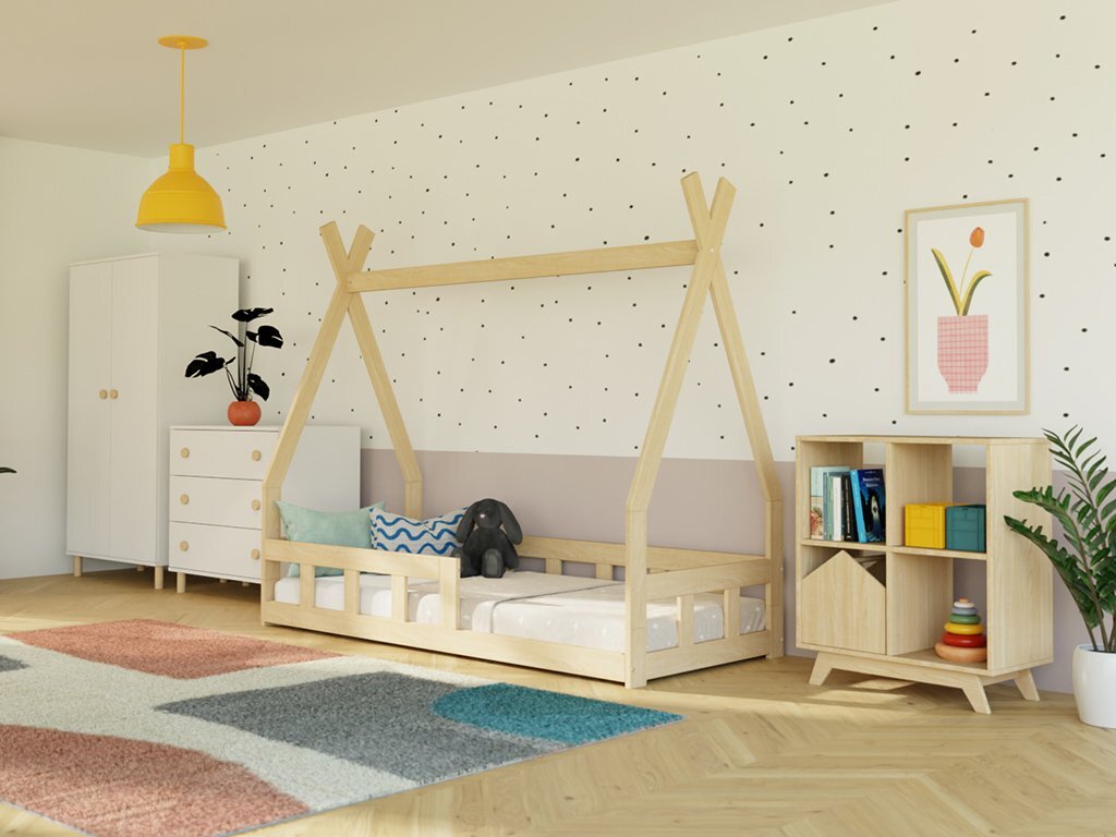 Niedriges Hausbett FENCE 6-in-1 in Tipi-Form mit Barriere 90x160 cm Marineblau, Mit offenem Eingang