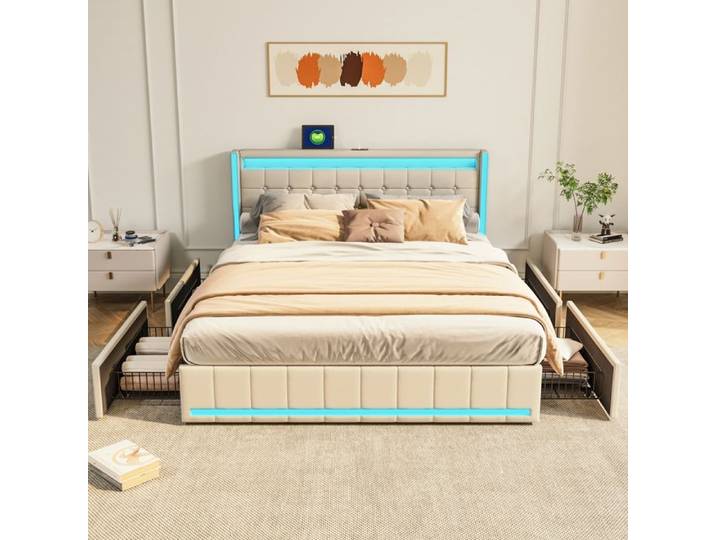 Lit double Lit capitonné 160 x 200 Lit Rembourré avce Éclairage LED 4 Tiroirs Lit Adulte avce USB Beige