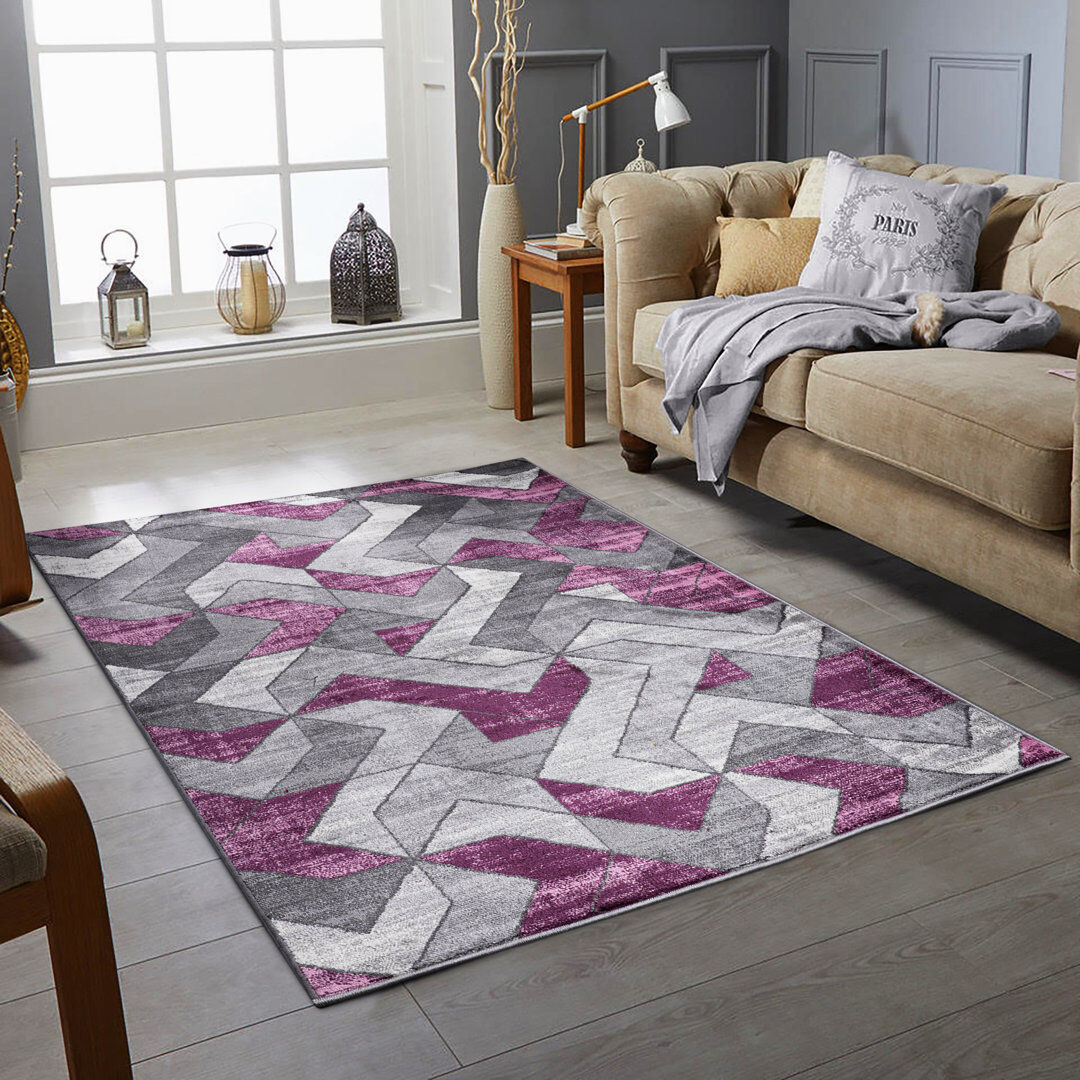 George Oliver Ashford Rectangle Geometric Dhurrie Washable Area Rug Purple Rectangle 120 x 170cm