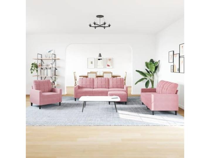 KTHLBRH 4-teiliges Sofa-Set aus rosafarbenem Samt mit Fußstütze Robuster Metallrahmen, Schaumstoffpolsterung, 1-2-3-Sitzer-Sofa, Verwendung im Wohnzimmer
