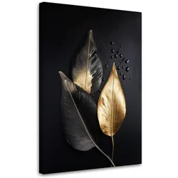 WANDBILD goldene blätter auf schwarzem hintergrund