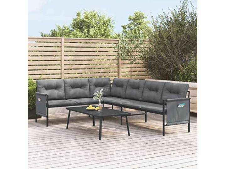 Acier revêtu par poudre Détente en plein air Ensemble 2 pièces Anthracite Salon de jardin 2 pcs anthracite acier avec canapé d'angle, table basse et coussins, ensemble mobilier exterieur résistant